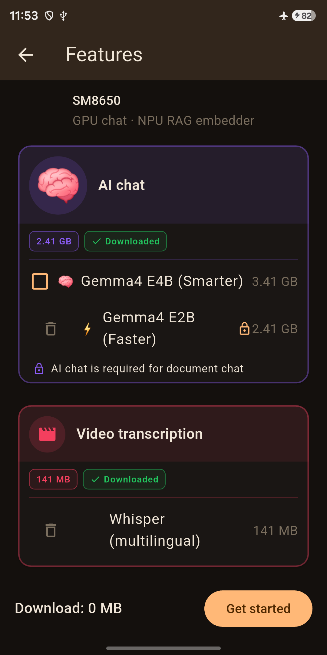 Model manager — Gemma and Whisper downloaded on your terms via Play Store