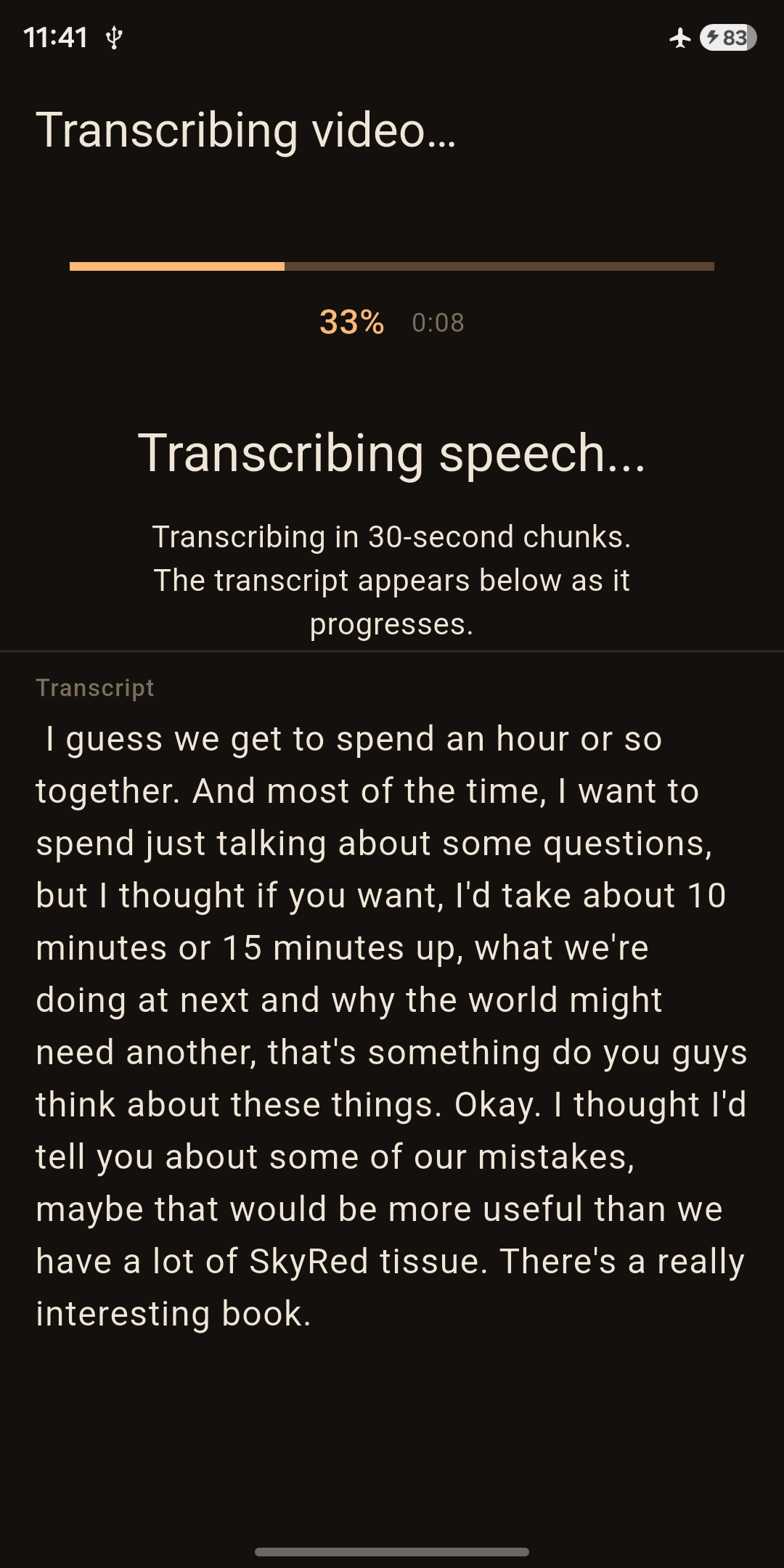 Live transcription screen